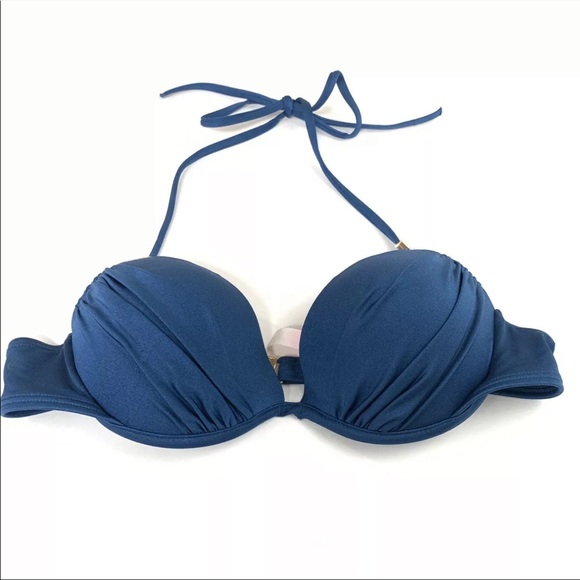 Victorias Secret Bikini Top 34B The Tease Halter Solid Blue Underwire 7DM